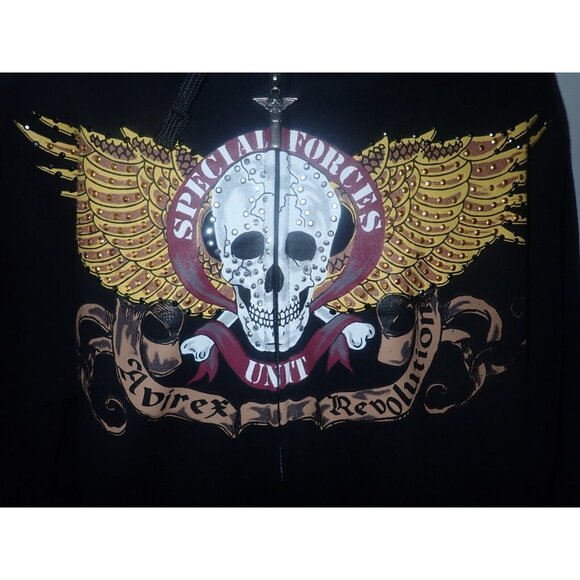 Avirex Hoodie Mens  Black Embroidered Winged Skull Full Zip Streetwear 2XB EUC‎ - Picture 4 of 7